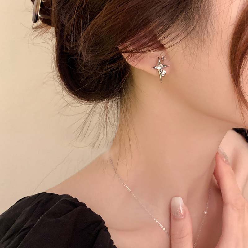 2023 Fashion Silver Color Cross Star Zircon Stud Earrings for Women Girl Korean Four-Pointed Star Personality Earrings Jewellery